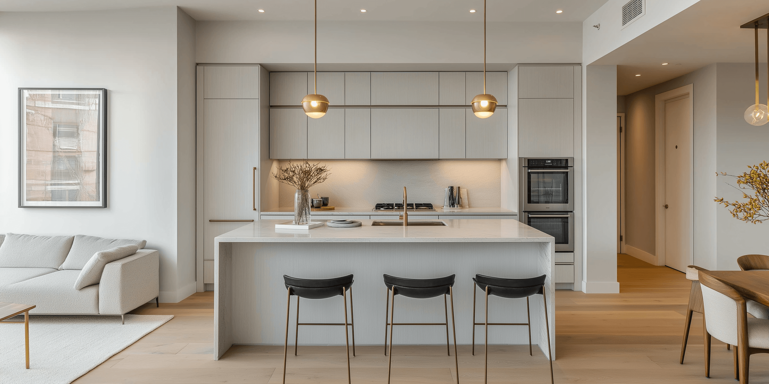 Bucătărie modernă cu dulapuri gri deschis, o insulă centrală, lumini suspendate și o cameră de zi adiacentă