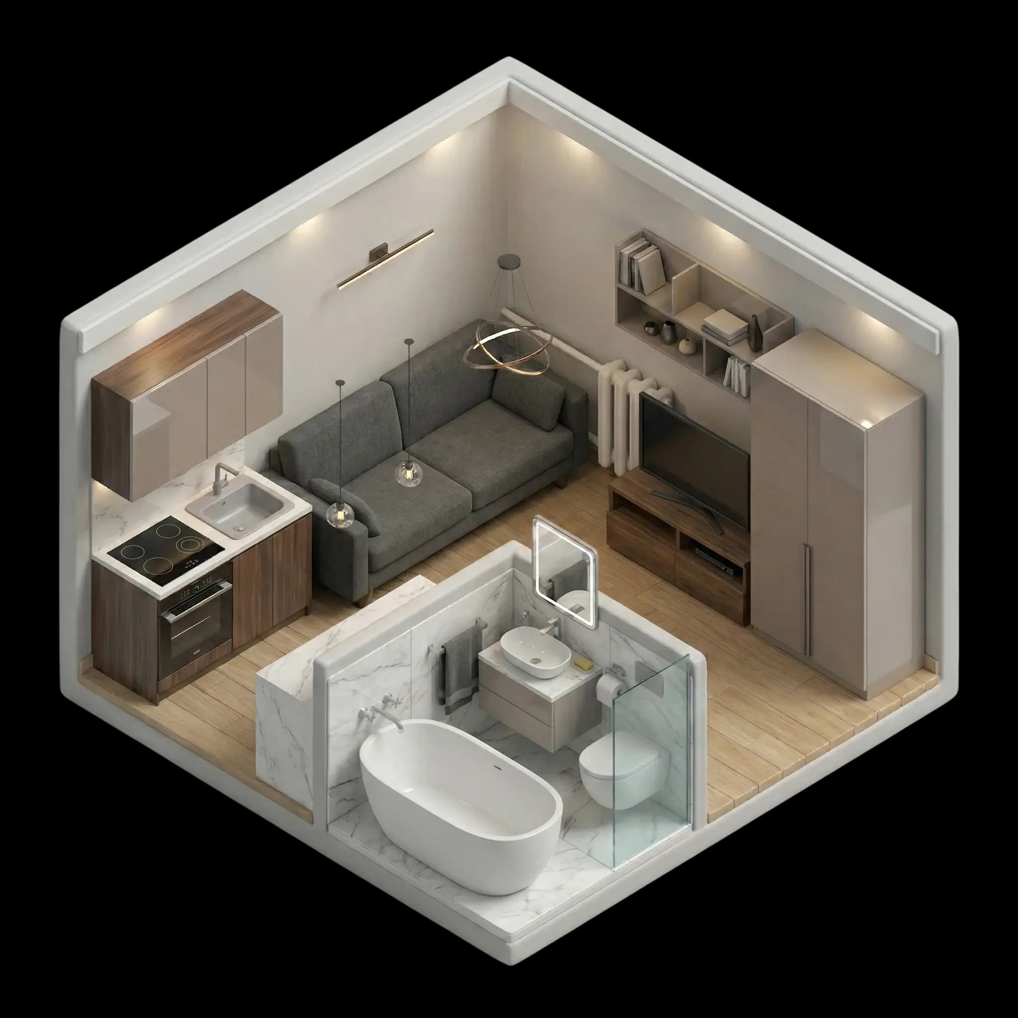 Randare luminoasă a unui living modern